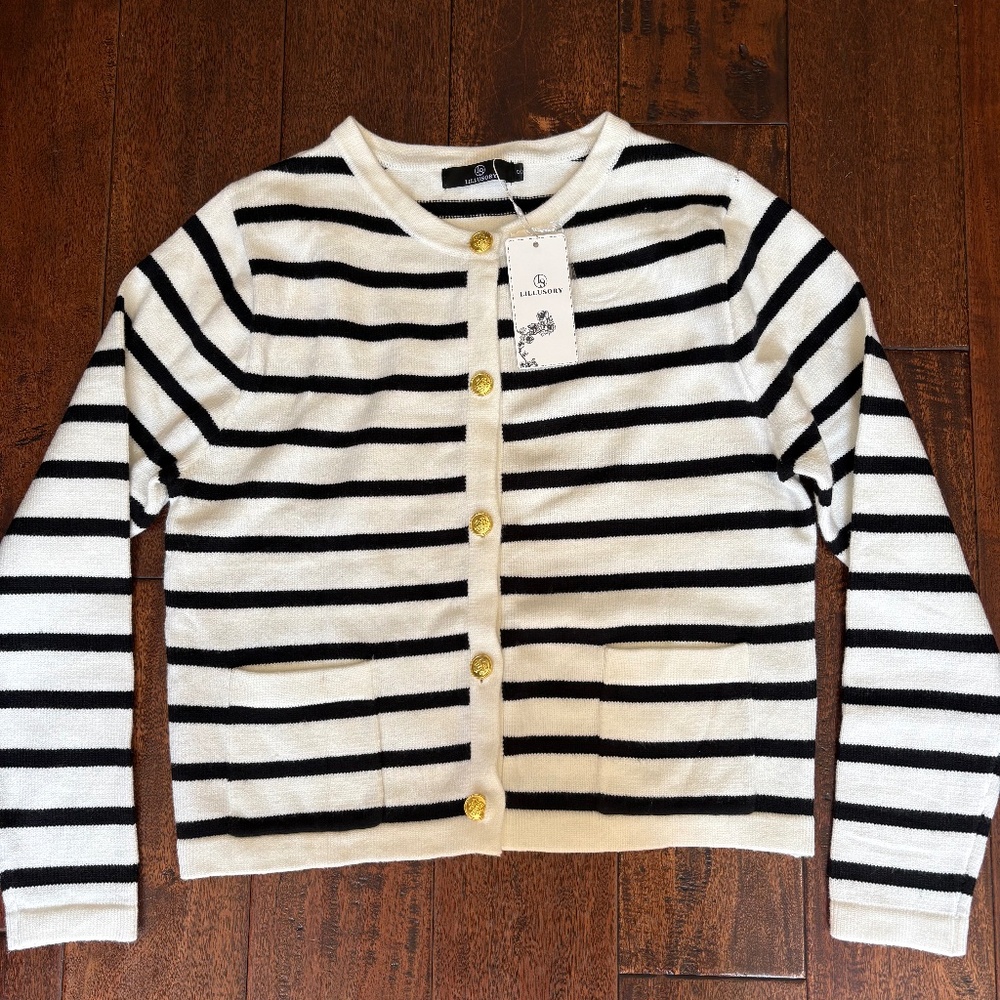 White with Black Stripe Cardigan/Ladies Jacket